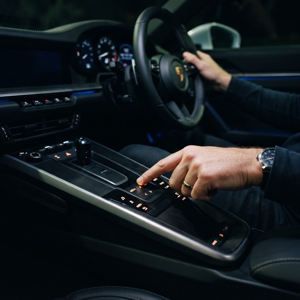 Illustration of A cinematic macro shot of a modern car interior at night. A driver's hand reaches toward a sleek, dark center console where glowing, tactile haptic zones emerge from the surface. Soft blue ambient lighting catches the texture of the dashboard, creating a sense of precision and high-end engineering. Sharp focus on the point of contact, 8k resolution, photorealistic style. - Haptic Zones Technology
