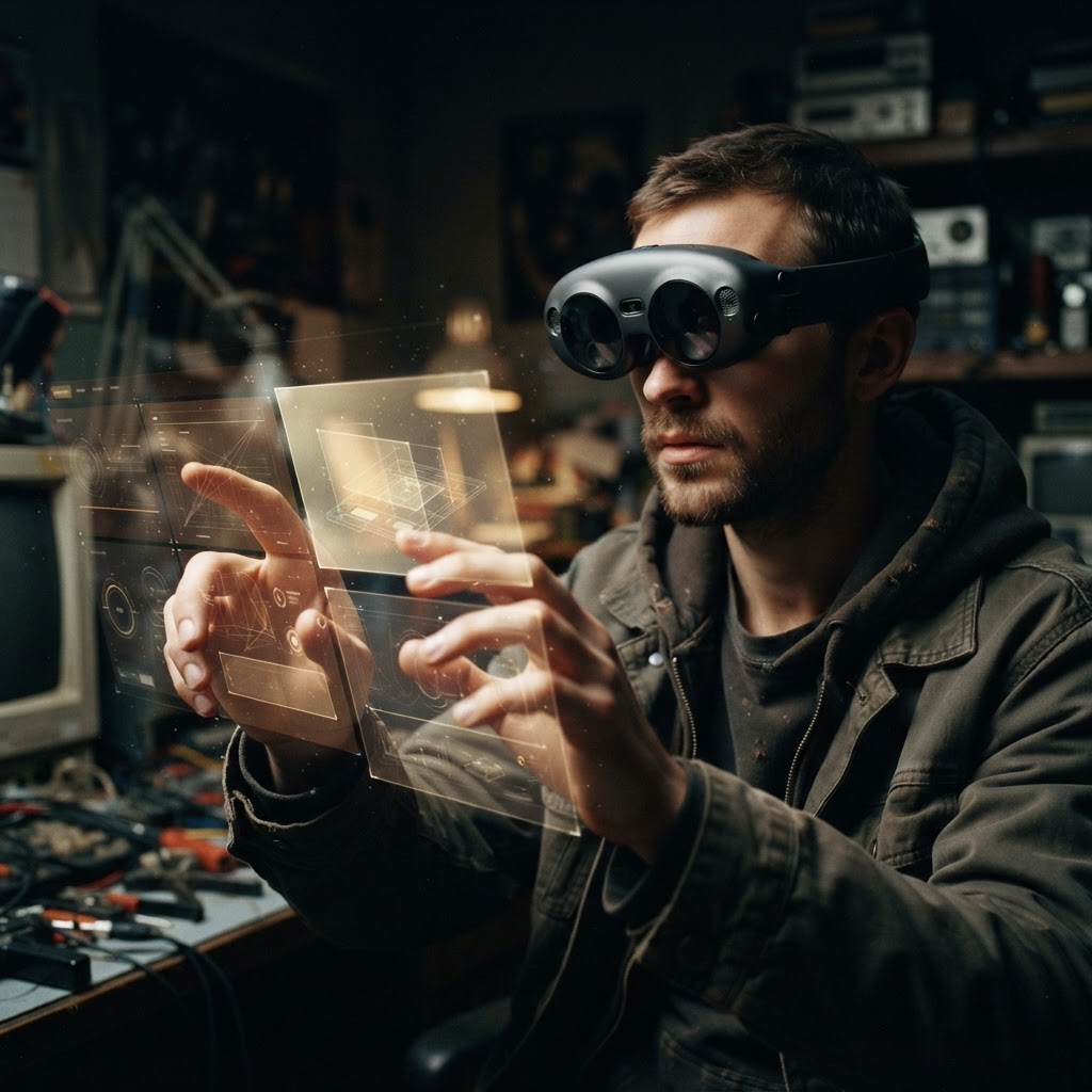 Illustration of Cinematic close-up of a person wearing a sleek, futuristic AR headset, reaching out to manipulate a glowing, multi-layered digital interface floating in a dark room. The interface displays distinct, semi-transparent geometric zones of light representing interaction fields. High contrast, sharp focus on the fingertips interacting with the digital light, 8k resolution, volumetric lighting, tech-noir aesthetic. - Haptic Zones Technology