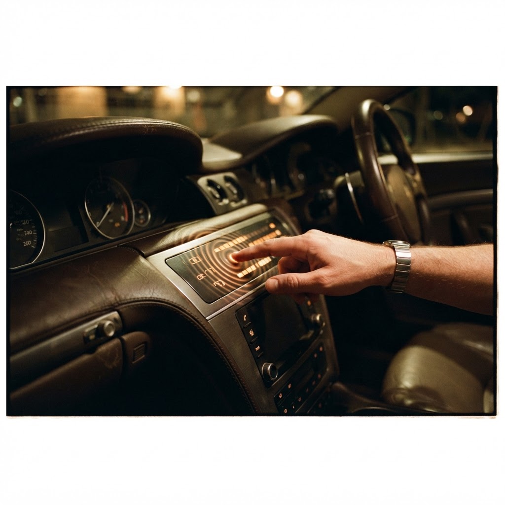 Illustration of A cinematic close up of a luxury car interior at night, focus on a hand hovering over a glowing, segmented dashboard interface that emits subtle ripples of light upon contact, photorealistic, cyberpunk aesthetic, volumetric lighting, 8k resolution, highly detailed texture on the leather and glass surfaces. - Haptic Zones Technology