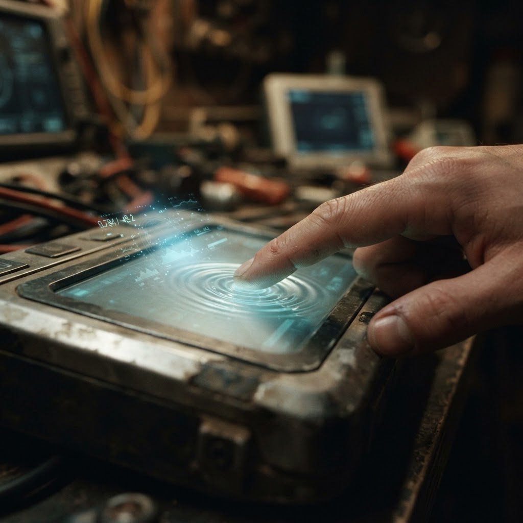 Illustration of Cinematic macro shot of a sleek, glowing holographic interface surface reacting to a human fingertip, with digital ripples and expanded dynamic hit zones visible in soft blue light, professional photography, shallow depth of field, futuristic studio lighting. - Haptic Zones Technology