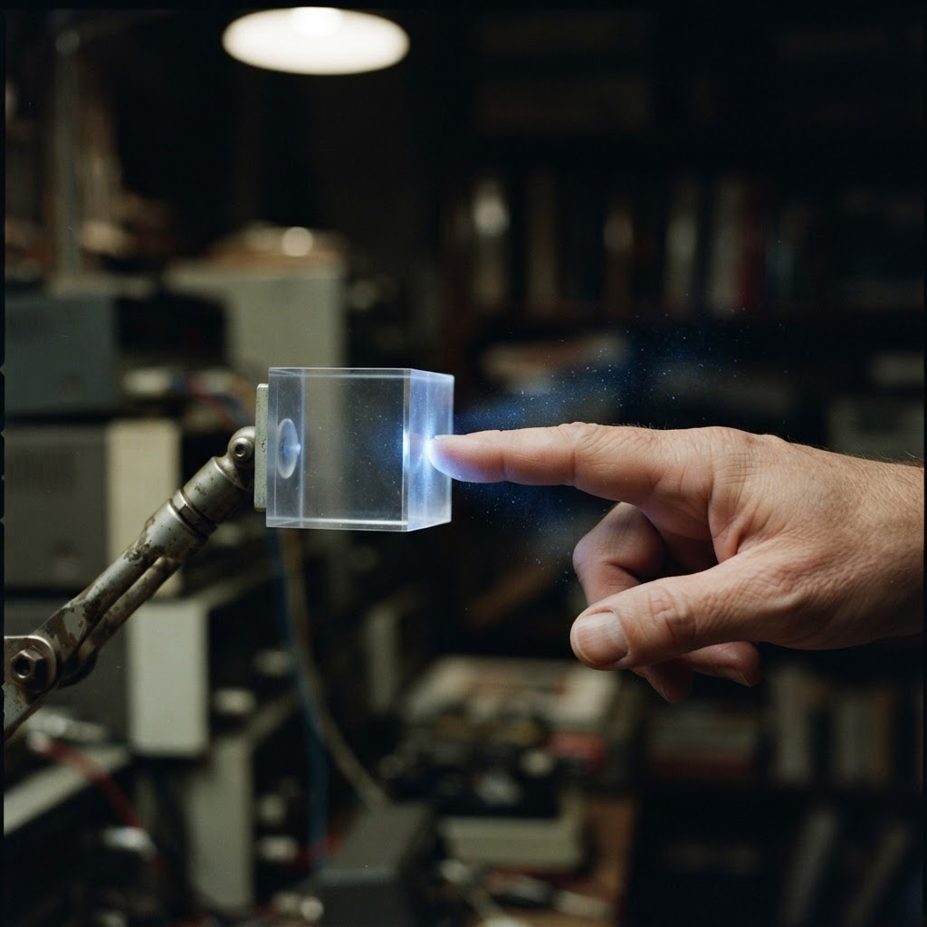 Illustration of A cinematic macro shot of a human finger reaching into a glowing digital interface in midair, blue light particles trailing behind the finger, focus on the point of contact between the finger and a glowing transparent cubic haptic zone, hyper-realistic, dark background, professional lighting, shallow depth of field, 8k resolution. - Haptic Zones Technology