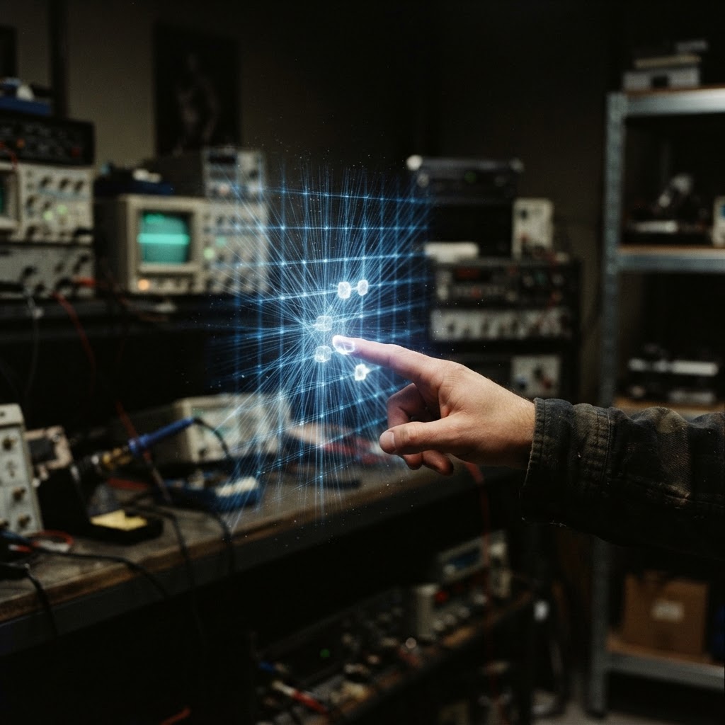 Illustration of A cinematic macro shot of a human finger reaching out toward a glowing, translucent blue volumetric UI grid floating in a dimly lit studio. The grid features distinct, illuminated Haptic Zones that pulse with light as the finger approaches. High contrast, sharp focus on the intersection of the finger and the virtual boundary, volumetric lighting, futuristic aesthetic, 8k resolution. - Haptic Zones Technology