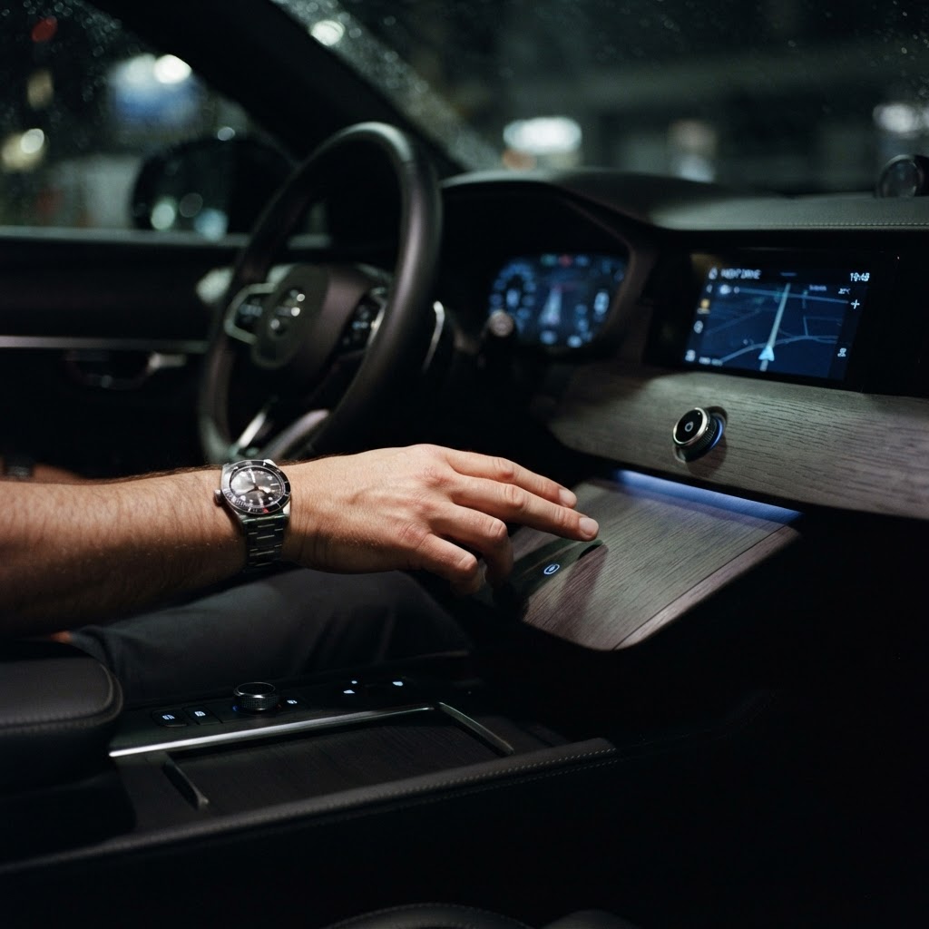 Illustration of Cinematic close-up of a human hand hovering near a minimalist, dark wood-grain dashboard. Soft, ambient blue light pulses under the surface to indicate a touch-sensitive zone. Photorealistic, shallow depth of field, high-tech automotive interior, moody lighting, ultra-sharp focus on the point of interaction. - Haptic Zones Technology