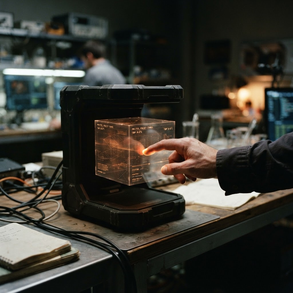 Illustration of Cinematic close-up of a human hand interacting with a shimmering, semi-transparent digital cube in a dark, moody high-tech environment. The fingertips are glowing with subtle orange light, representing haptic contact points. The background features a blurred, sophisticated laboratory setting with sharp focus on the interaction zone. - Haptic Zones Technology