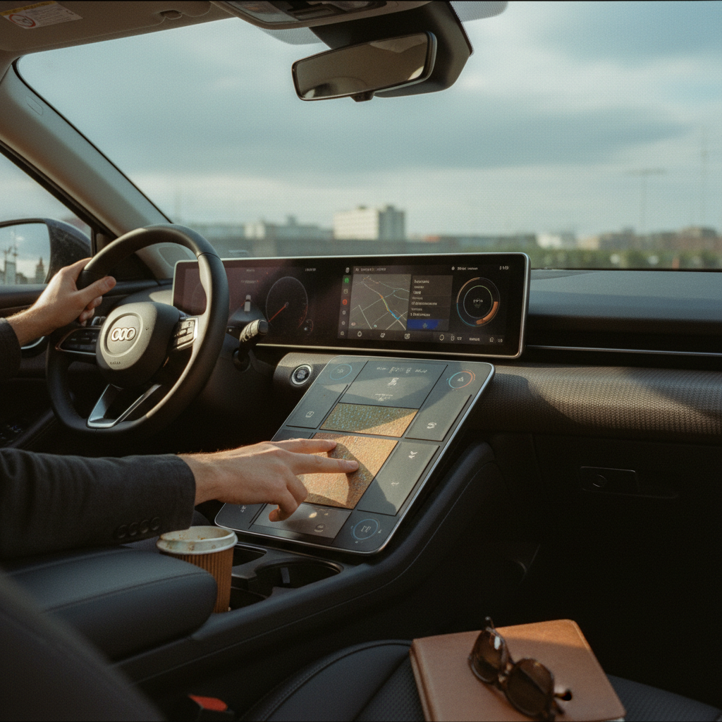 Illustration of A modern car interior showcasing a high-tech dashboard with haptic feedback screens, dynamic touch zones, and gesture controls, reflecting user interactions while driving. - Haptic Zones Technology