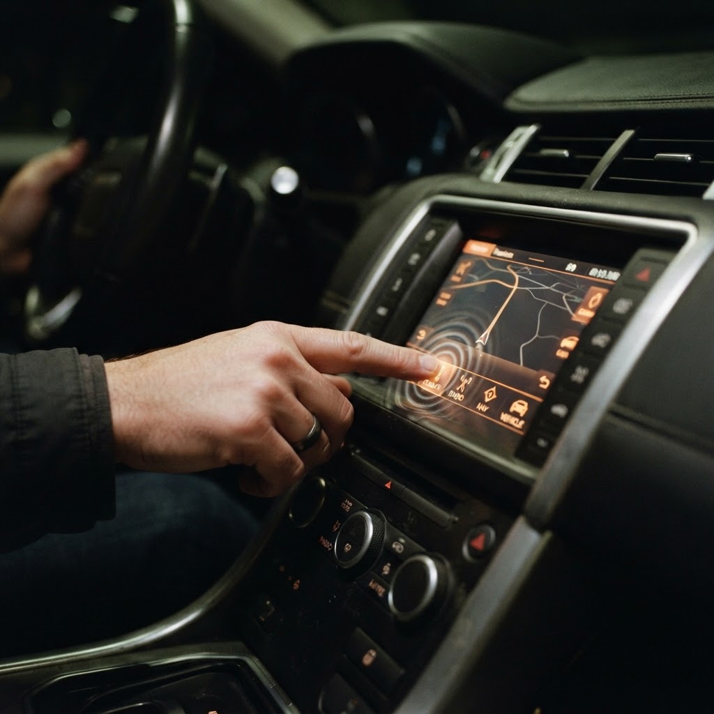 Illustration of Cinematic close-up of a human finger touching a sleek, glowing automotive dashboard screen, with visible ripple effects and light pulses emanating from the point of contact, dark ambient lighting, futuristic interior, macro photography style, 8k resolution, photorealistic. - Haptic Zones Technology