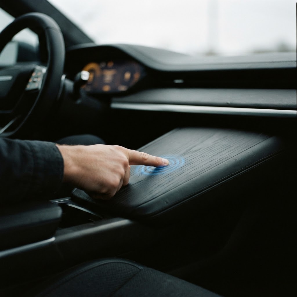 Illustration of A cinematic macro shot of a sleek, dark console in a futuristic vehicle interior. A human thumb interacts with a glowing, invisible zone on a wood grain dashboard surface. Subtle blue haptic ripples radiate from the point of contact, highlighting the integration of technology into physical materials. Soft, ambient moody lighting, shallow depth of field, high resolution, industrial design aesthetic. - Haptic Zones Technology