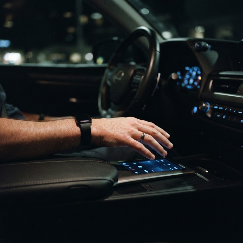 Illustration of A cinematic interior view of a modern luxury car at night, focusing on the driver's hand hovering over a glowing, segmented touch interface on the center console, high-tech neon blue light reflecting on fingers, professional macro photography style, sleek cockpit aesthetic, shallow depth of field. - Haptic Zones Technology