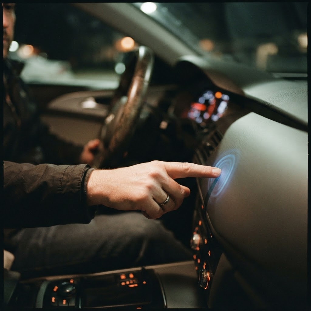 Illustration of Cinematic close-up of a high-tech car interior at night. A driver's finger is pressing a glowing, interactive area on a sleek, matte-finish dashboard surface. Subtle blue light ripples outward from the point of contact to signify haptic feedback. Depth of field is shallow, focusing on the intersection of skin and high-tech interface. - Haptic Zones Technology