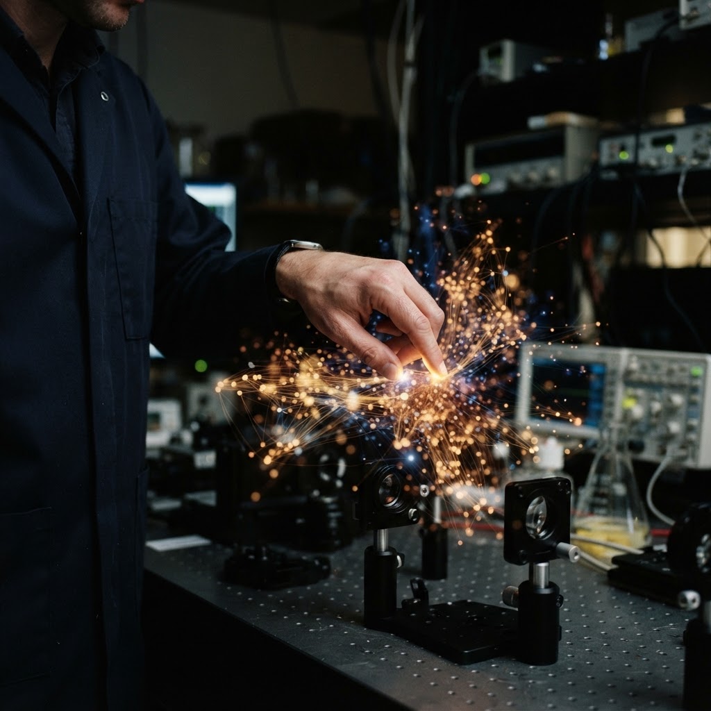 Illustration of Cinematic close-up of a human hand interacting with glowing volumetric data bubbles in a dark, sophisticated laboratory setting, shallow depth of field, neon blue and gold light trails highlighting the interaction zones, hyper-realistic, photorealistic, 8k resolution. - Haptic Zones Technology