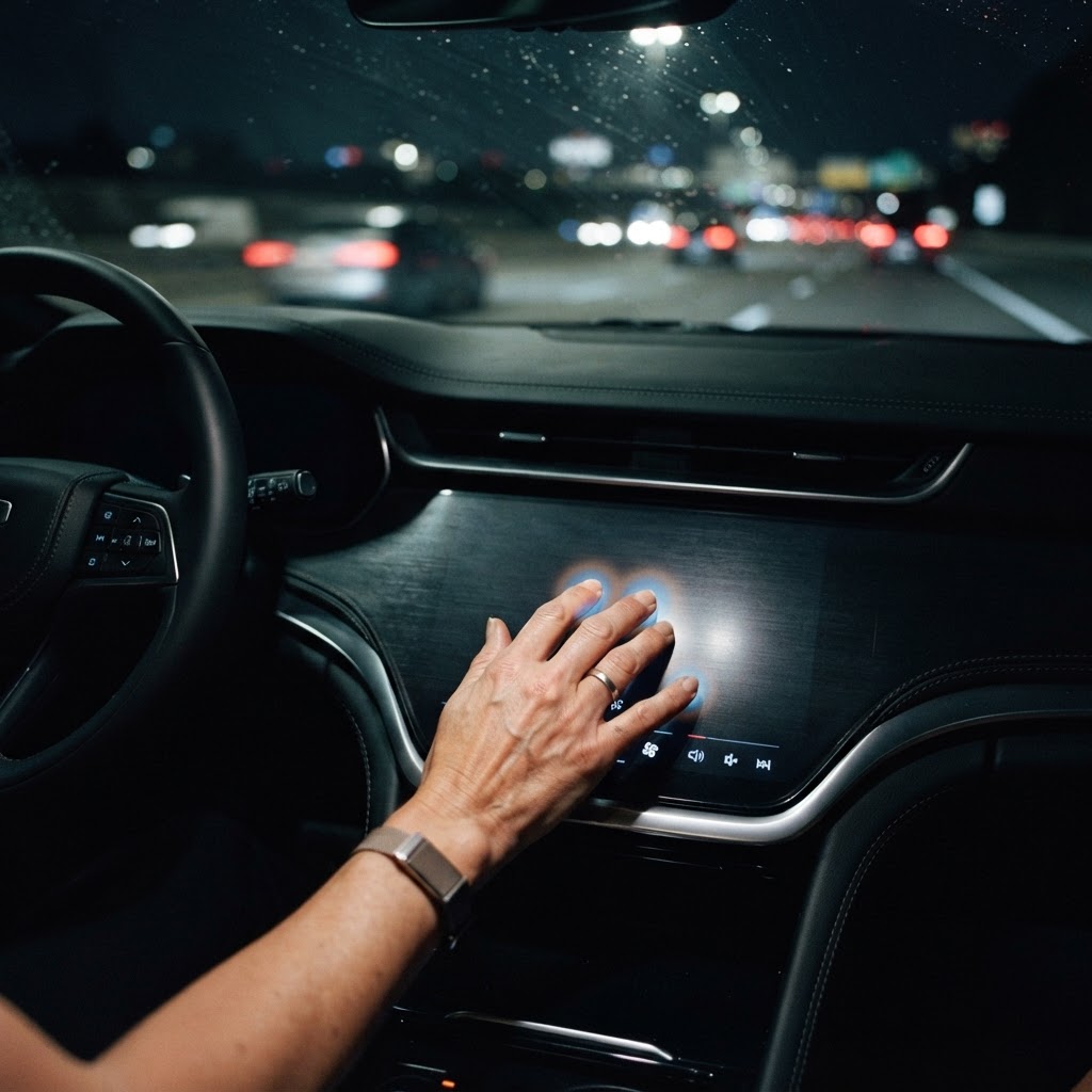 Illustration of Cinematic close-up of a human hand interacting with a sleek, futuristic car dashboard made of seamless glass, glowing haptic zones illuminating under the fingertips with soft blue light, blurred highway lights visible through the windshield, shallow depth of field, high contrast, professional interior automotive photography, 8k resolution. - Haptic Zones Technology