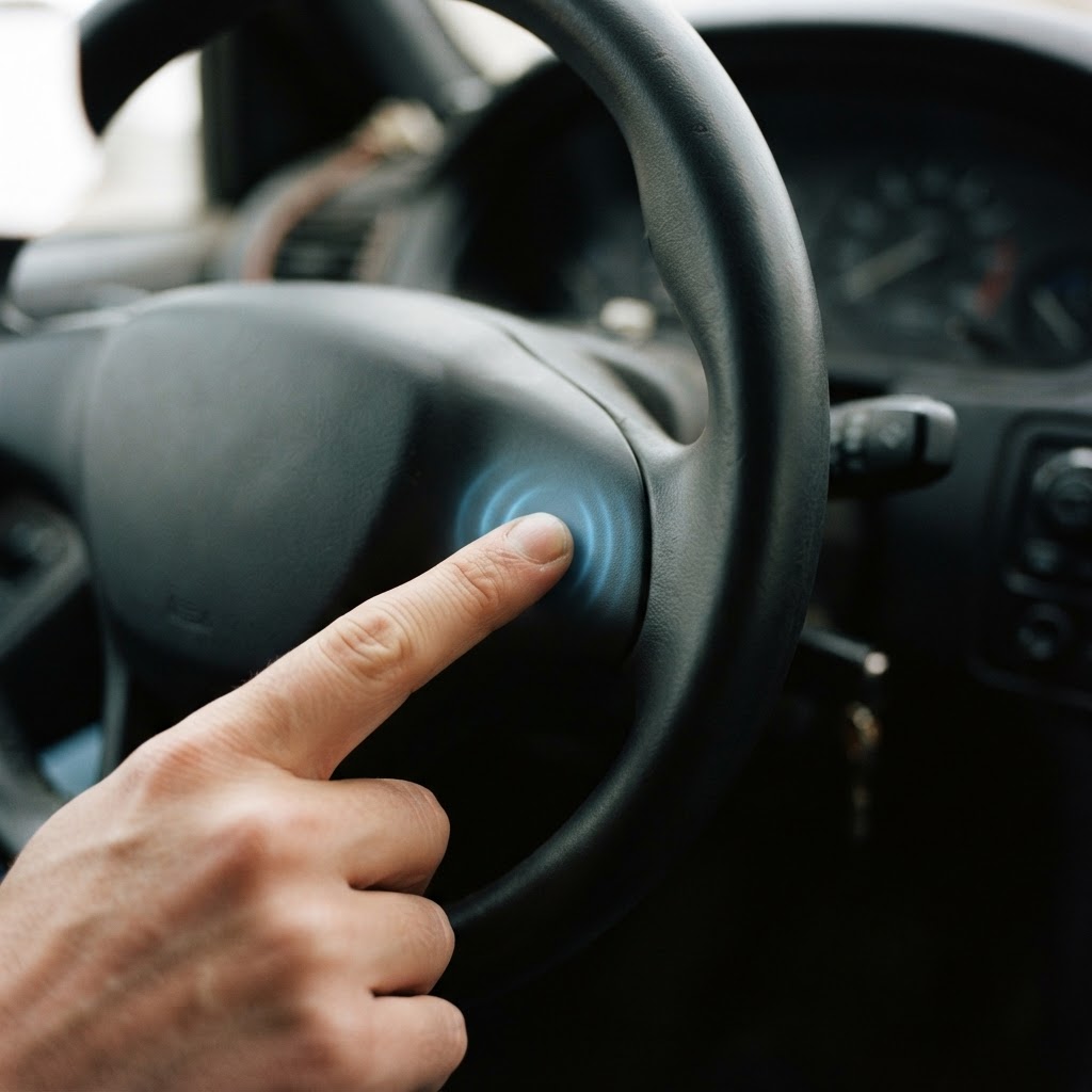 Illustration of A macro cinematic shot of a human finger touching a seamless, dark matte surface on a futuristic steering wheel, glowing soft blue haptic ripples emanating from the point of contact, shallow depth of field, high contrast, industrial design photography style. - Haptic Zones Technology
