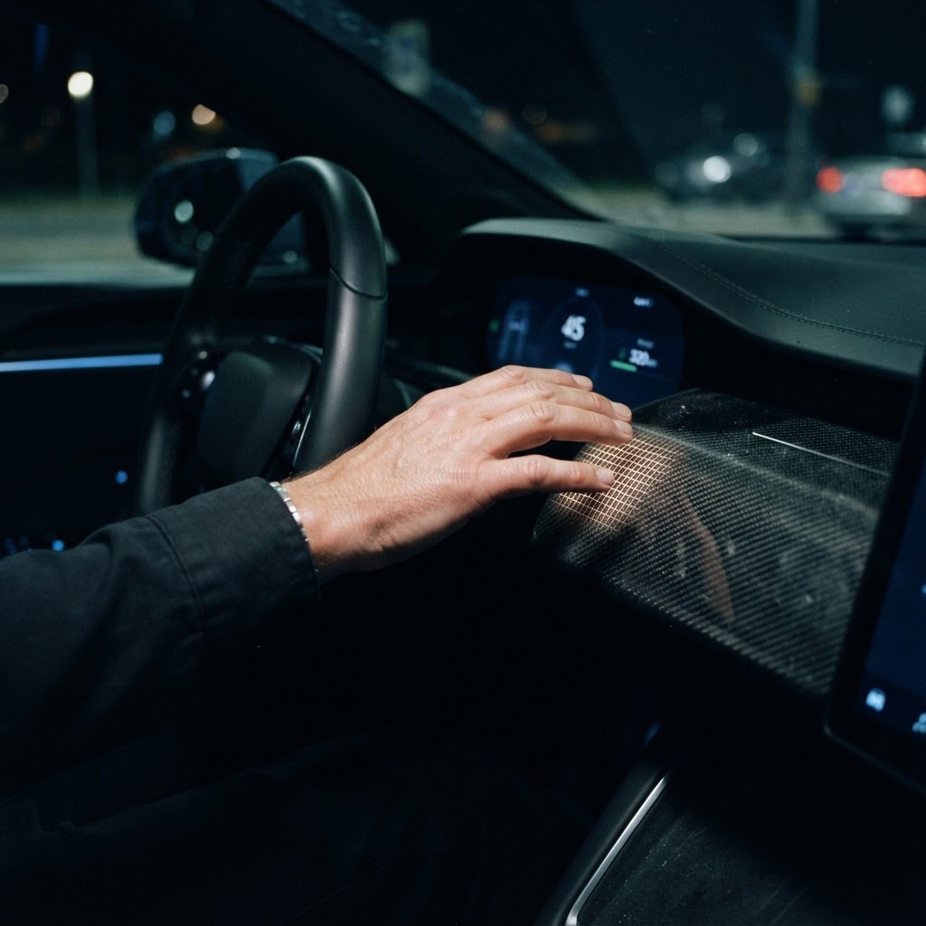 Illustration of A cinematic close up shot of a driver's hand hovering over a sleek, minimalist carbon fiber dashboard in a luxury electric car. The interior is dim, lit only by soft ambient blue light. A subtle, glowing digital grid appears faintly under the surface of the dash where the fingers are touching, suggesting dynamic touch zones. High tech, futuristic, sharp focus, 8k resolution, professional automotive photography style. - Haptic Zones Technology