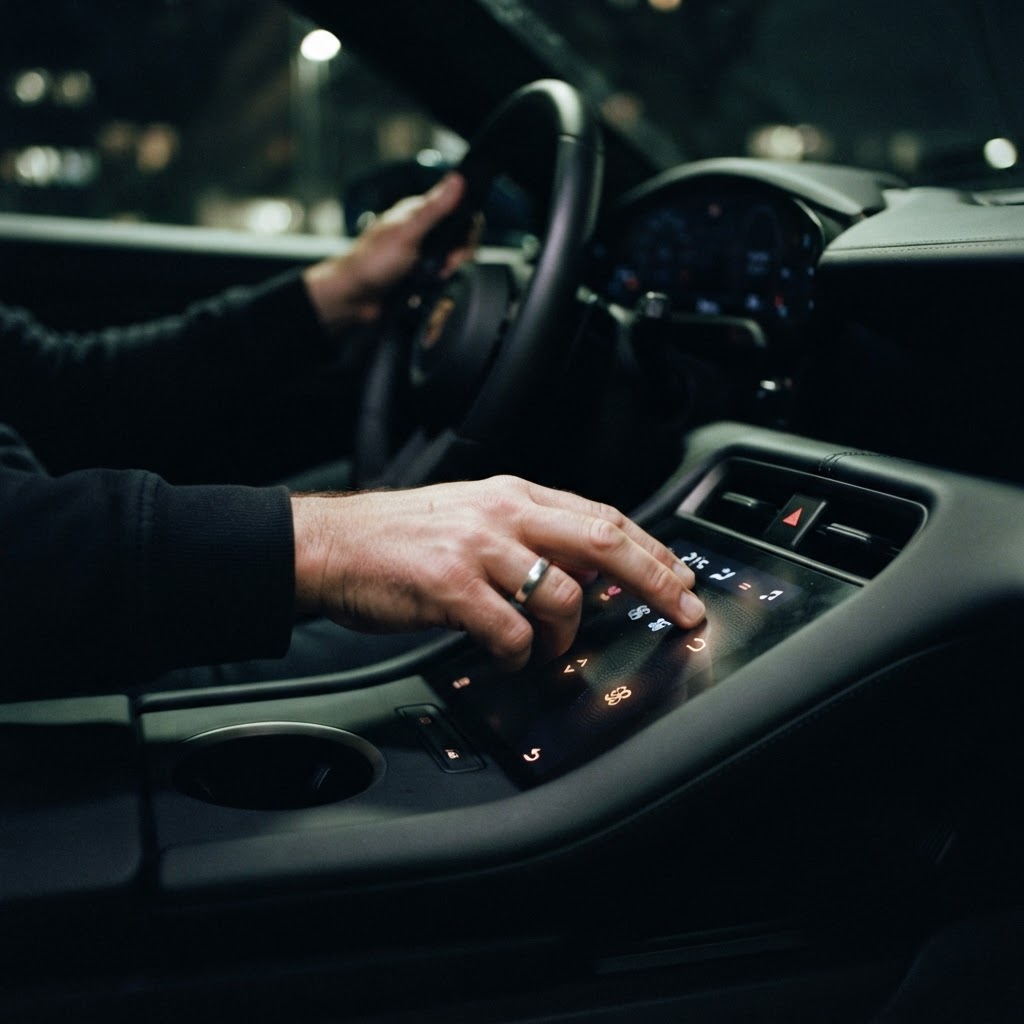 Illustration of A cinematic close up shot of a sleek, futuristic car interior at night. The dashboard features subtle, glowing haptic zones integrated into a dark matte surface, with soft blue light indicating active input areas. The driver's hand is visible in motion, interacting with a textured, physical-feeling interface. Moody, high-tech atmosphere with sharp focus on the tactile connection between the fingers and the surface. - Haptic Zones Technology