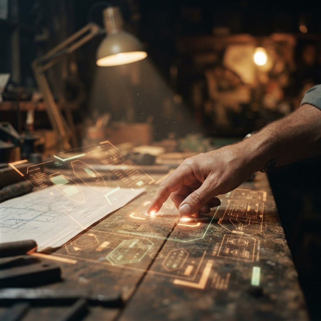 Illustration of A close up cinematic shot of a human hand interacting with a holographic interface in a dimly lit room, the interface has glowing geometric zone markers around the fingers to indicate active interaction areas, high detail, hyper-realistic, 8k resolution, professional studio lighting, depth of field focused on the point of contact. - Haptic Zones Technology