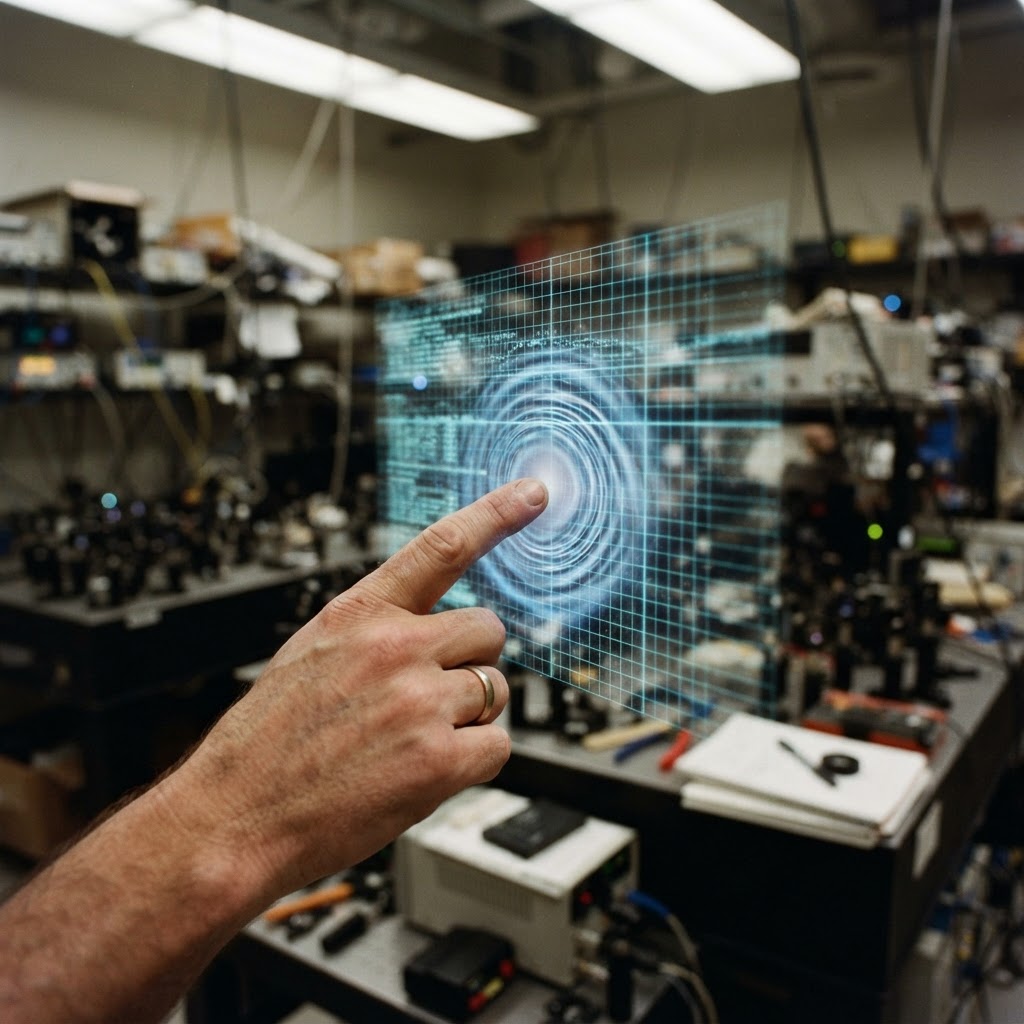 Illustration of Cinematic macro shot of a human finger reaching into a glowing, translucent digital grid in mid-air, ripples of blue light spreading out from the point of contact with a metallic texture, high-tech laboratory environment, shallow depth of field, 8k resolution, professional lighting. - Haptic Zones Technology