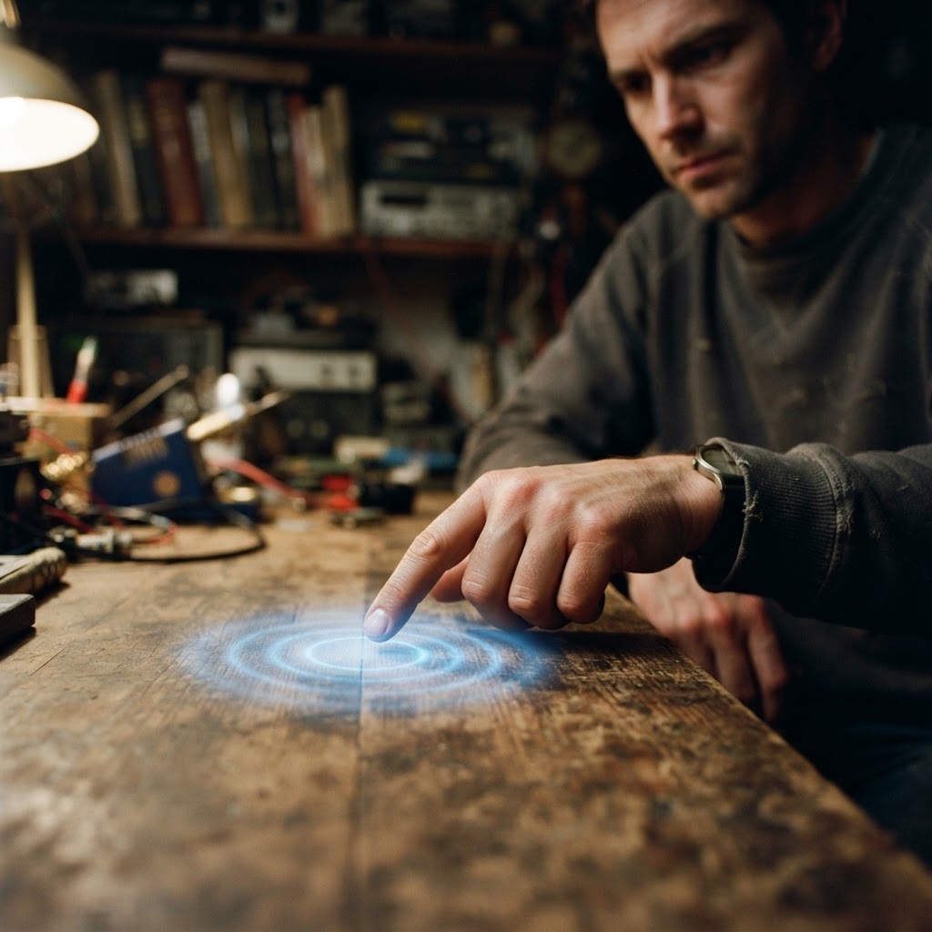 Illustration of Cinematic macro shot of a human finger reaching toward a glowing volumetric UI in a dark room, blue light ripples emanating from a circular dynamic touch zone, high contrast, depth of field, futuristic spatial computing aesthetic, photorealistic, 8k resolution. - Haptic Zones Technology