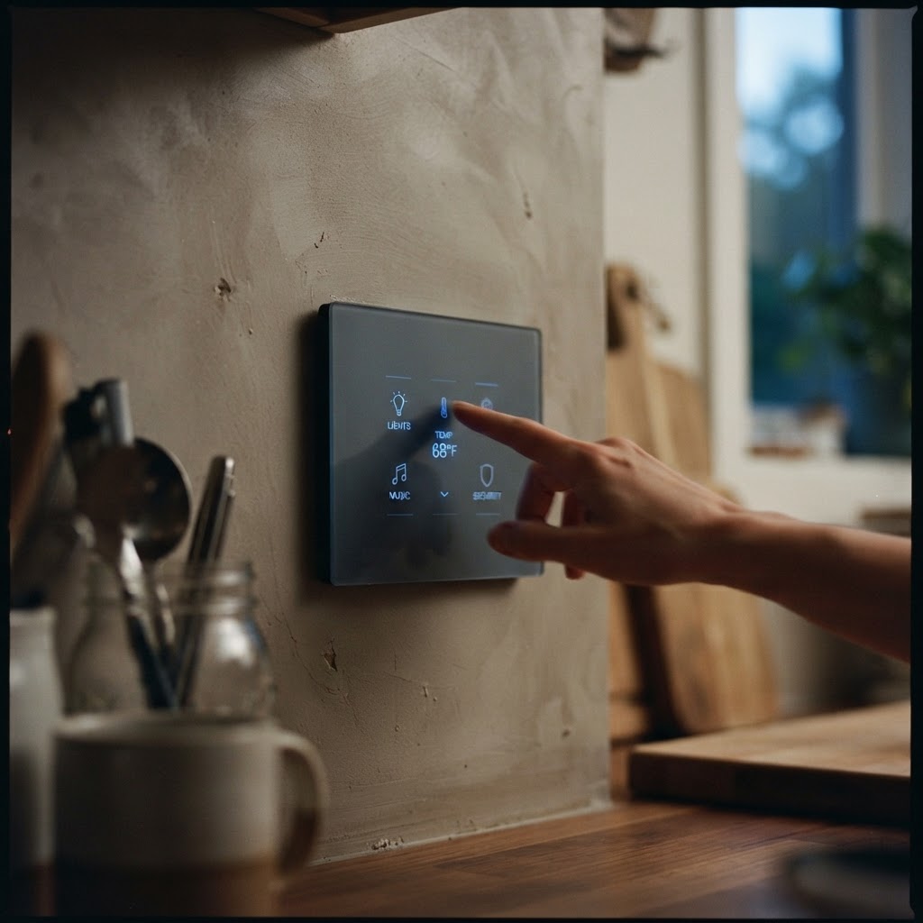 Illustration of A cinematic close up of a sleek, minimalist smart home wall controller in a dimly lit modern kitchen, glowing soft blue light emanating from dynamic touch zones on the surface, motion blur indicating a user reaching out, high end photography, depth of field, 8k resolution, industrial design aesthetic. - Haptic Zones Technology