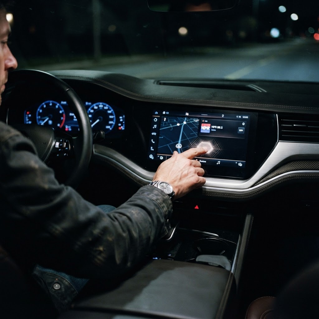 Illustration of A cinematic close up shot of a driver's hand interacting with a futuristic, glowing automotive dashboard. The display shows subtle, luminescent geometric patterns representing dynamic touch zones. Hyper realistic textures, soft ambient blue lighting, interior of a high end vehicle at night, 8k resolution, professional architectural photography style. - Haptic Zones Technology