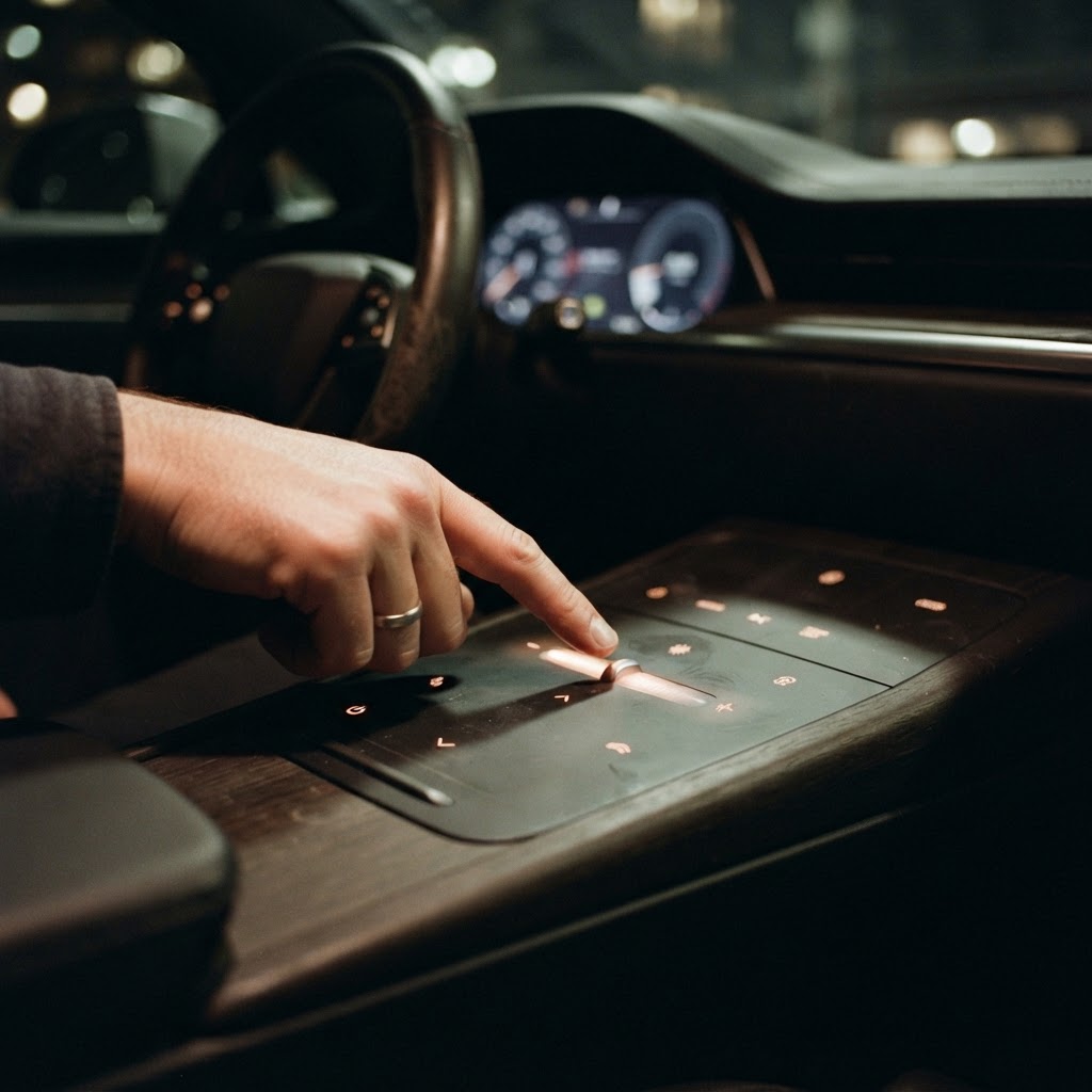 Illustration of Cinematic close-up of a high-tech car dashboard at night with glowing, ethereal dynamic touch zones pulsating softly on the center console, sharp focus on a human finger approaching a responsive interface, futuristic automotive interior, ambient blue lighting, photorealistic, 8k resolution, volumetric lighting, sleek minimalist design. - Haptic Zones Technology