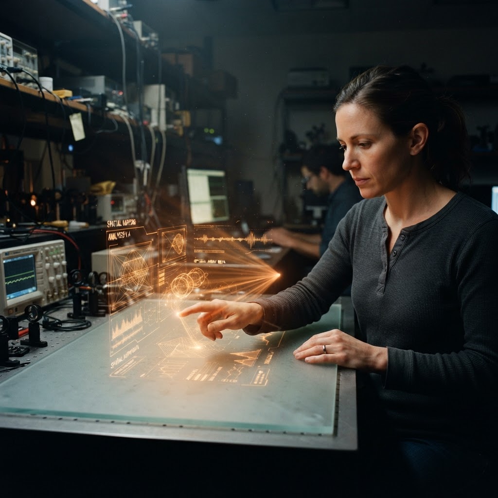 Illustration of A high-end cinematic shot of a human hand interacting with a glowing, transparent holographic interface in a darkened room, neon blue light rays emitting from fingertips into defined spatial zones, hyper-realistic, 8k resolution, volumetric lighting, technical aesthetic. - Haptic Zones Technology