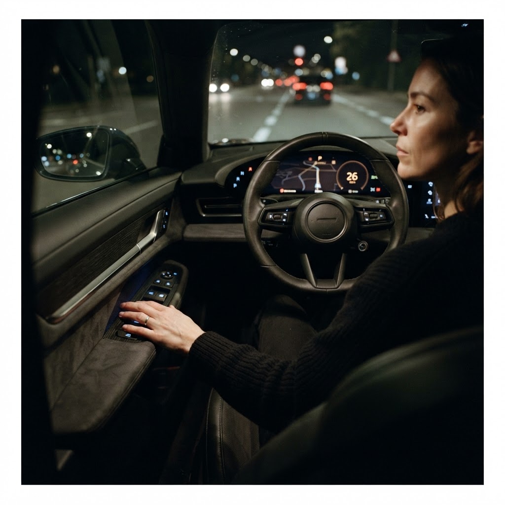Illustration of A cinematic interior shot of a futuristic electric vehicle cockpit at night. The dashboard features subtle, glowing haptic touch zones integrated into the door and center console materials, soft blue light highlights, macro photography style, focus on the texture of the interface surface, high-end automotive design aesthetic, 8k resolution, dramatic lighting. - Haptic Zones Technology