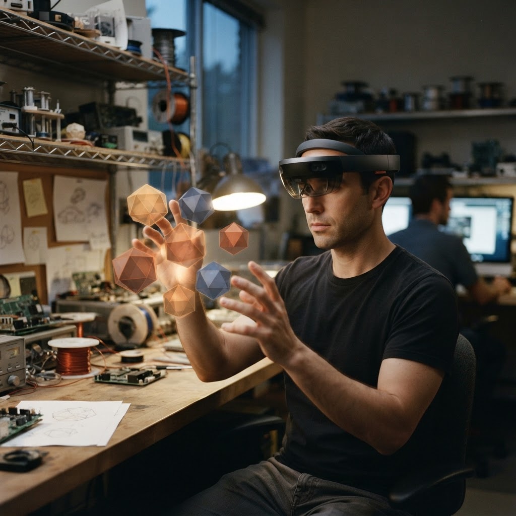 Illustration of A cinematic, low-light shot of a professional designer wearing a sleek AR headset, interacting with glowing, semi-transparent orange and blue geometric spheres hovering in the air around their hands, soft bokeh background, high tech lab setting, 8k resolution, detailed light particles. - Haptic Zones Technology