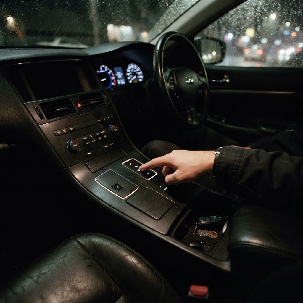 Illustration of A cinematic high-angle shot of a modern car interior during a rainy night, focusing on the center console with glowing, subtle haptic-defined boundaries on the surface, soft blue light, hyper-realistic, 8k resolution, focus on the interaction between a human hand and a textured touch zone. - Haptic Zones Technology