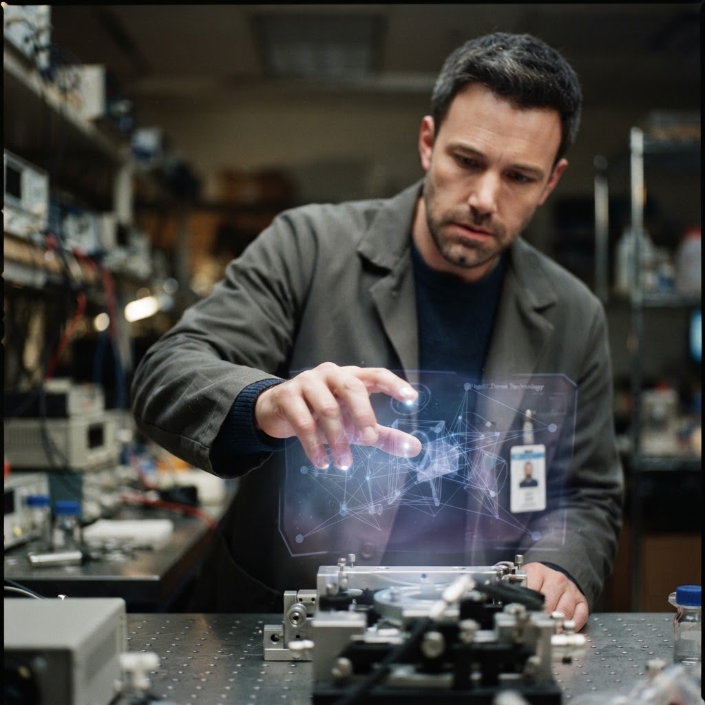 Illustration of A cinematic close up shot of a person reaching into a glowing, translucent volumetric interface in a modern laboratory. The interface shows subtle, interconnected Haptic Zones Technology in cool blue and violet hues. Depth of field is shallow, with the user's fingertips glowing as they trigger a dynamic touch zone. High resolution, hyper-realistic, 8k, cyberpunk aesthetic without any visible UI text. - Haptic Zones Technology