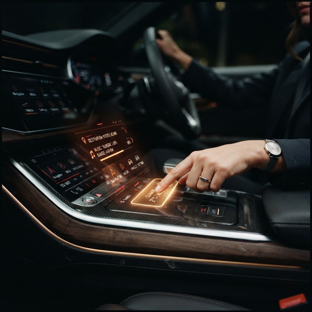 Illustration of Cinematic close up of a human hand interacting with a holographic interface inside a futuristic luxury vehicle cabin, clear glowing dynamic touch zones around digital buttons, dark moody lighting, sharp focus on the interaction point, high-tech aesthetic, 8k resolution, professional architectural photography style. - Haptic Zones Technology