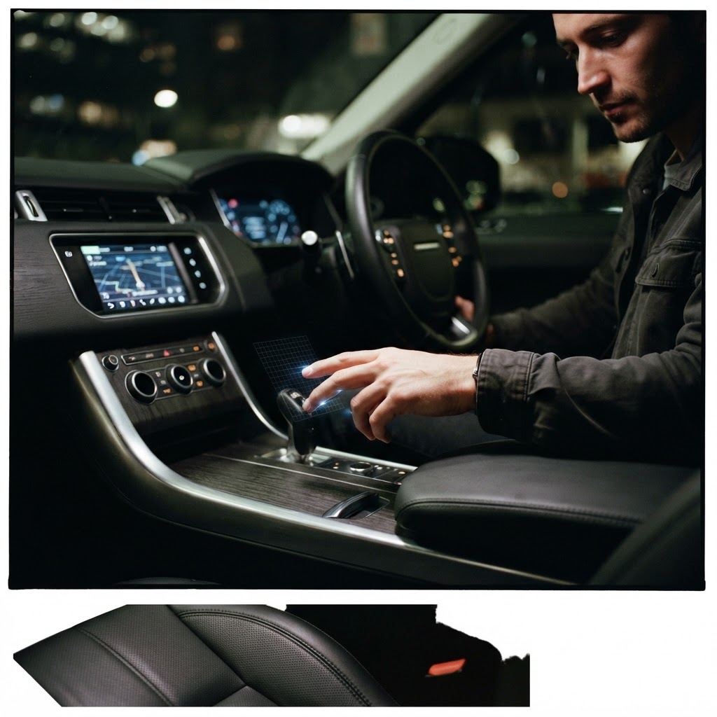 Illustration of Cinematic close-up of a luxury car interior at night, a human hand interacting with an invisible, glowing holographic interface grid above the center console, soft blue light emanating from the fingertips, futuristic cabin design, photorealistic, high-tech engineering aesthetic. - Haptic Zones Technology