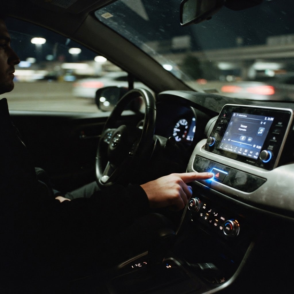 Illustration of Cinematic close-up shot of a modern car dashboard at night with neon blue light emitting from a responsive haptic touch zone, motion blur outside the window, high contrast, professional automotive interior photography, hyper-realistic, 8k. - Haptic Zones Technology