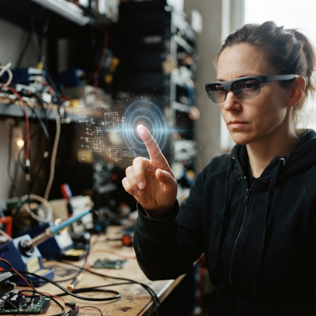 Illustration of Cinematic close up of a person wearing sleek AR glasses, fingers reaching out to touch a shimmering glowing digital interface floating in the air, light particles reacting to the fingertip, soft blue haptic pulse wave emanating from the point of contact, hyper-realistic, shallow depth of field, 8k resolution, futuristic professional tech studio setting. - Haptic Zones Technology