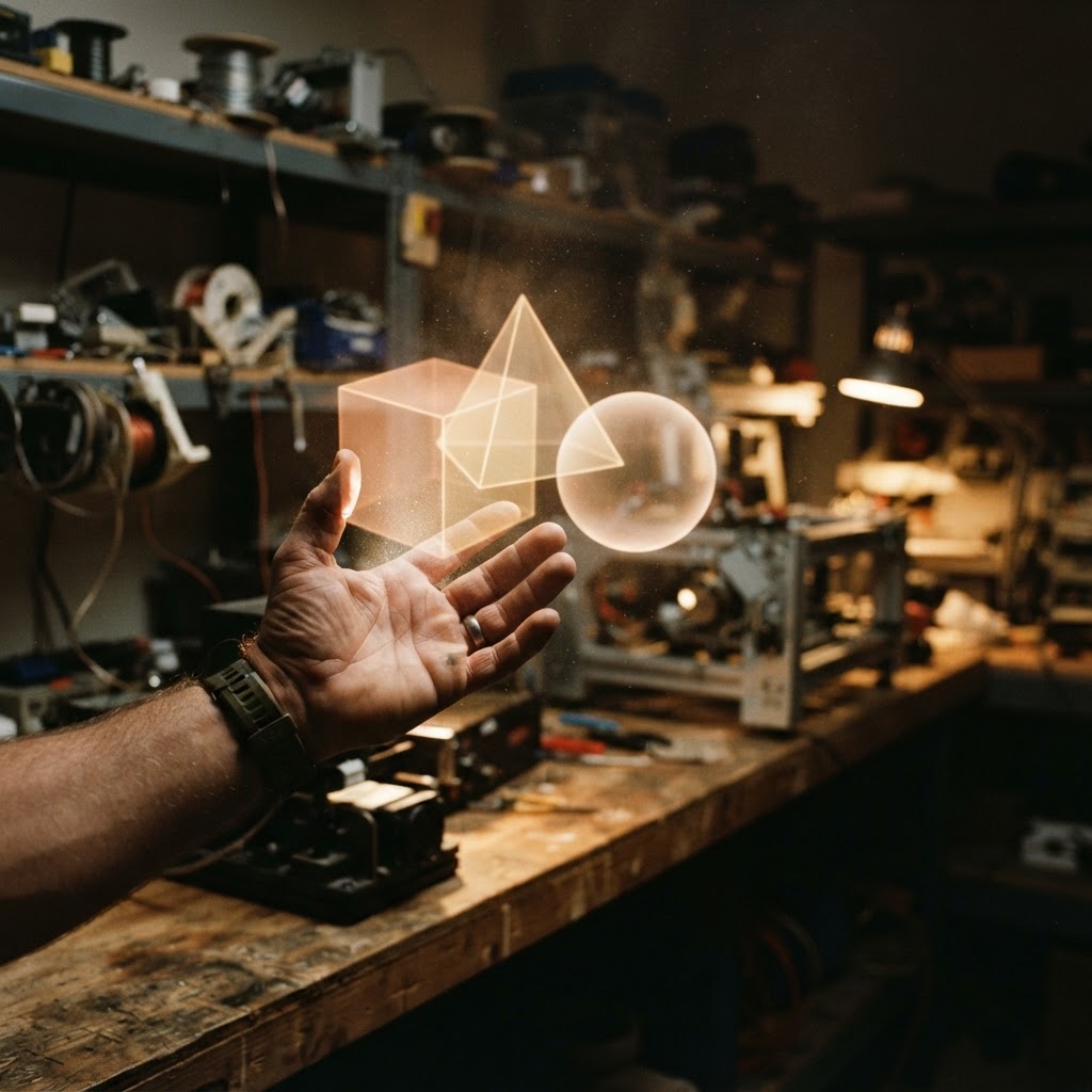 Illustration of Cinematic close-up of a human hand interacting with glowing translucent geometric zones floating in a dark modern workshop, high depth of field, blue and amber light particles, professional lighting, photorealistic, 8k, industrial design aesthetic. - Haptic Zones Technology