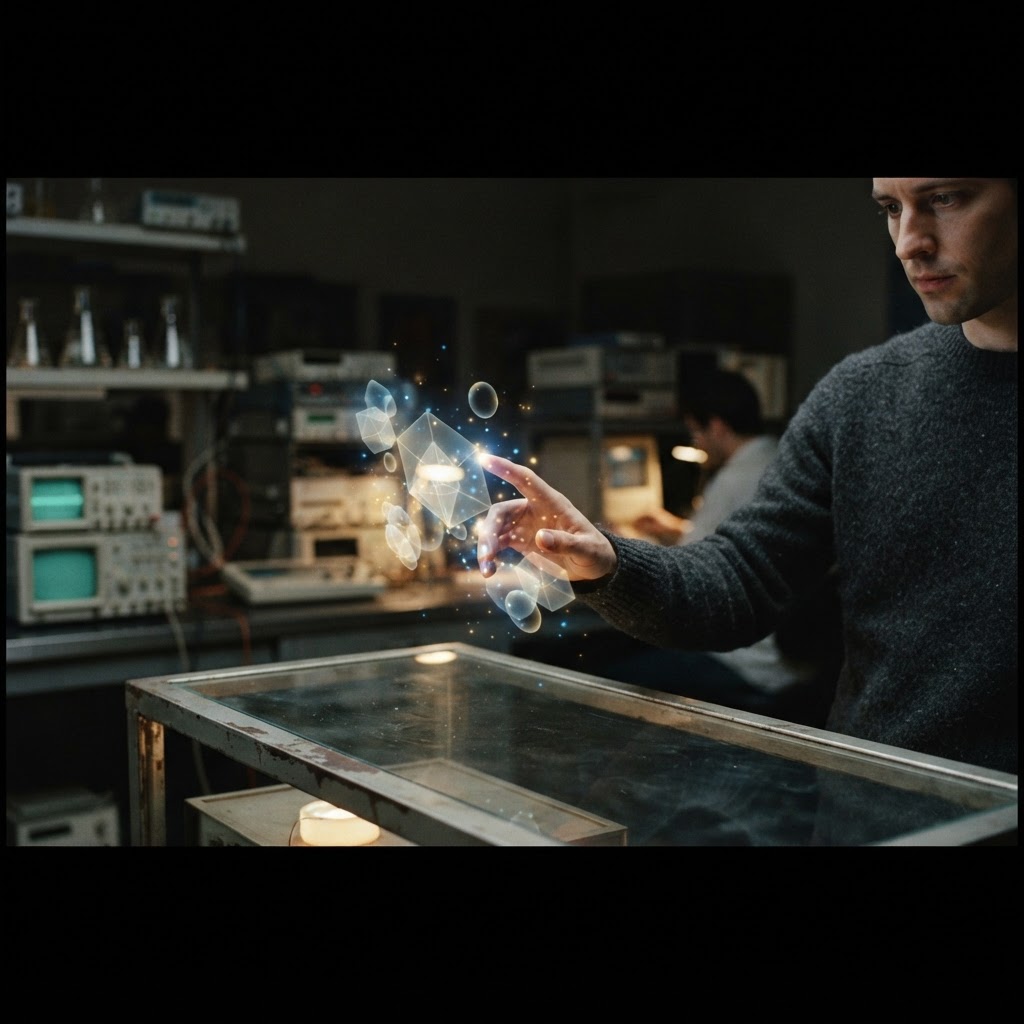 Illustration of A cinematic wide shot of a human hand interacting with a floating, glowing geometric interface in a dark, minimalist laboratory. The interface shows subtle, translucent volumetric bubbles representing dynamic touch zones. Blue and gold light particles highlight the fingertips, high fidelity, 8k resolution, photorealistic, depth of field focused on the hand and interface. - Haptic Zones Technology