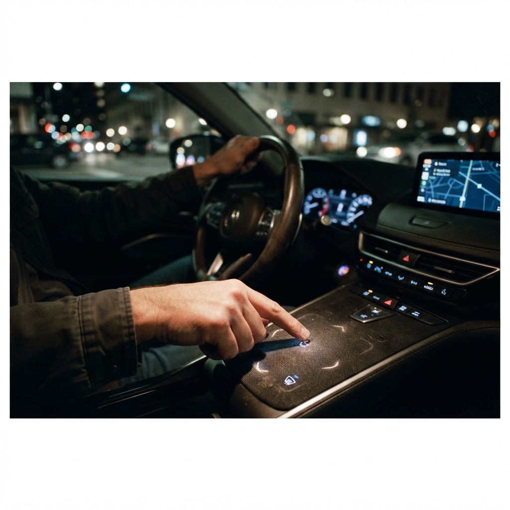 Illustration of Cinematic close up of a futuristic car interior at night, focus on a driver finger touching a glowing, textured haptic surface on a dashboard, ultra realistic, soft blue ambient lighting, bokeh background of city lights, 8k resolution, photorealistic style. - Haptic Zones Technology
