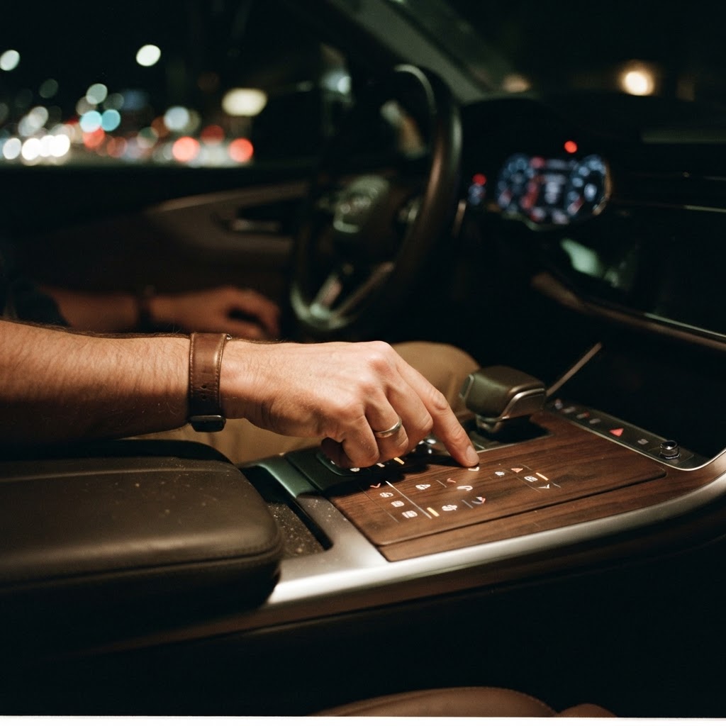 Illustration of Cinematic close up shot of a high end car interior at night, focus on a driver hand interacting with a glowing, haptic feedback surface on the center console, bioluminescent interface elements, sleek minimalist design, sharp focus, volumetric lighting, high contrast photography. - Haptic Zones Technology
