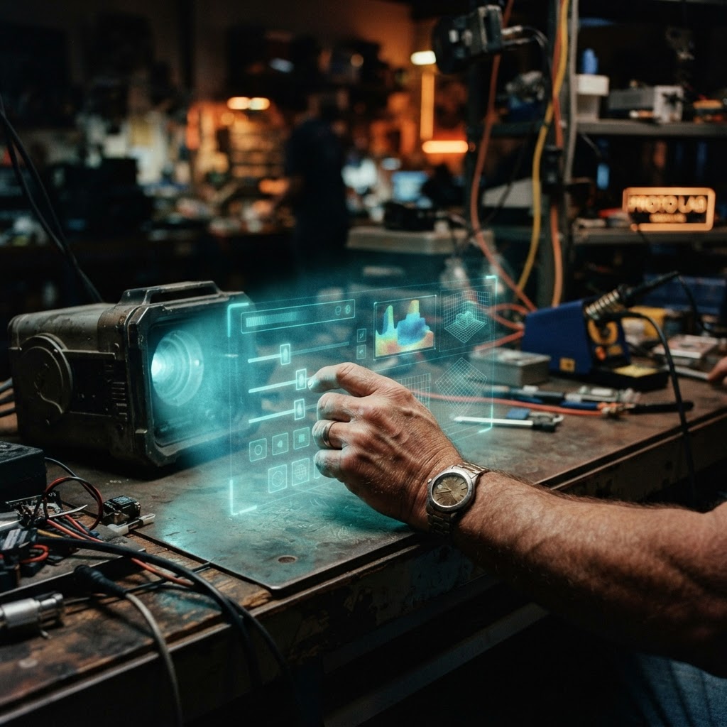 Illustration of Cinematic close-up of a human hand interacting with a holographic interface in a darkened workshop. Soft blue glowing geometric zones surround virtual sliders and buttons, showing a depth-mapped visualization of interaction fields. High-tech, hyper-realistic, bokeh background, neon lighting accents, 8k resolution. - Haptic Zones Technology