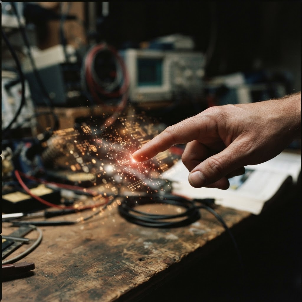 Illustration of Cinematic close up of a human finger reaching toward a glowing holographic interface, particles of light shifting color to indicate proximity boundaries, high depth of field, dark technical background, sharp focus on the intersection of the skin and the digital light, studio lighting, hyper-realistic. - Haptic Zones Technology
