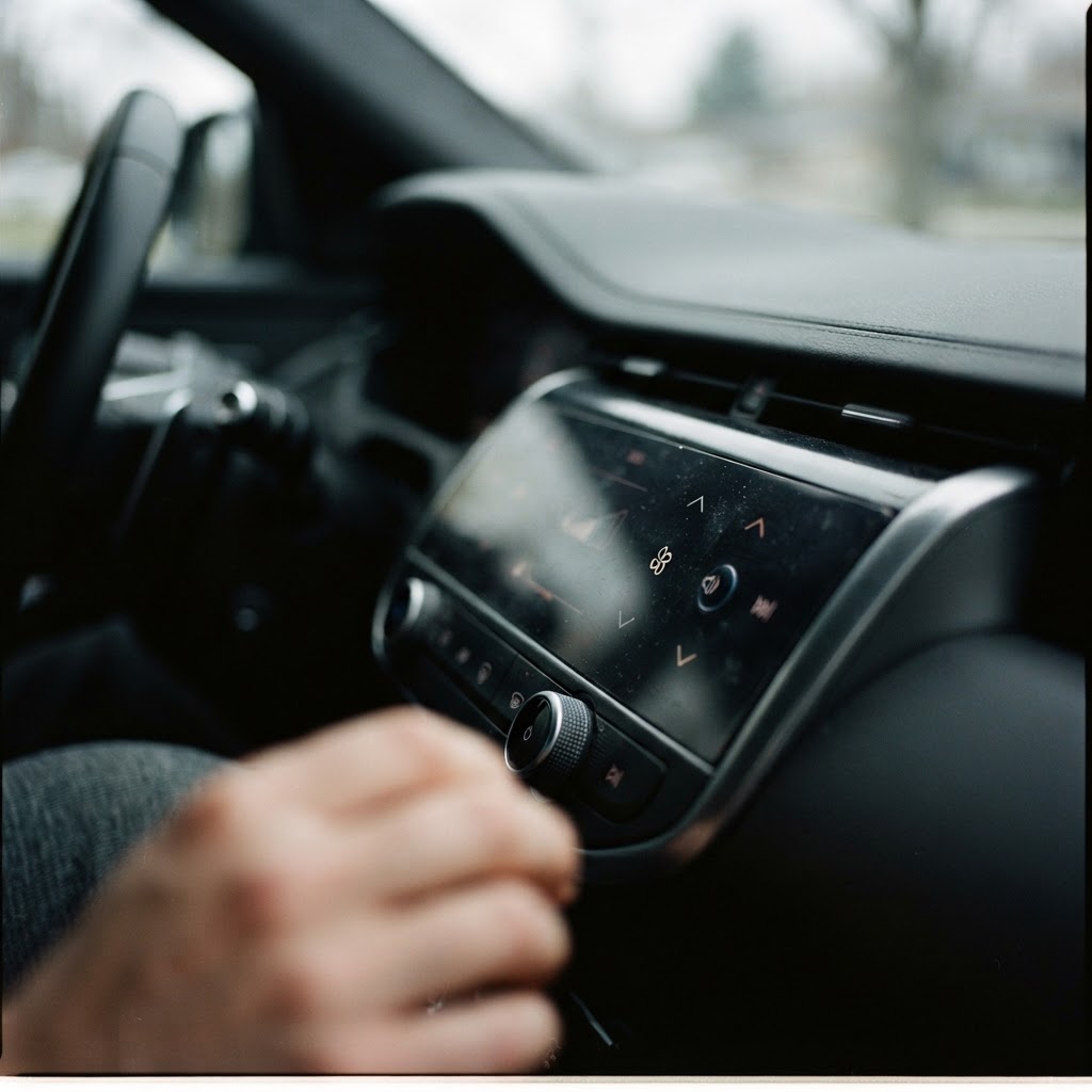 Illustration of A cinematic macro shot of a sleek, dark glass automotive dashboard interface with glowing, defined haptic zones illuminated in subtle blue light, emphasizing depth and physical texture, high contrast, professional photography, shallow depth of field, 8k resolution. - Haptic Zones Technology