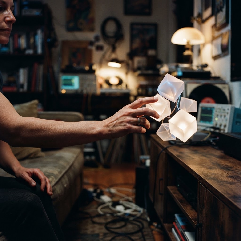 Illustration of Cinematic close up of a human hand interacting with glowing, translucent geometric shapes floating in a dim, high tech living room, shallow depth of field, neon blue and soft white light, professional photography, hyper realistic texture, 8k resolution. - Haptic Zones Technology