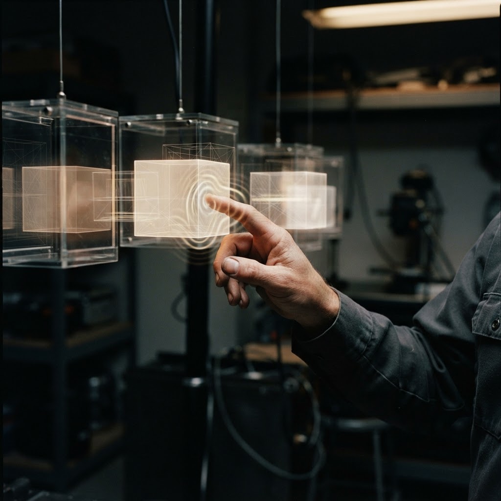 Illustration of A cinematic close up of a human hand interacting with glowing, semi transparent holographic cubes suspended in a dark, minimalist studio space. Subtle geometric grid lines define the boundaries of each cube, indicating active touch zones. The lighting is moody and technical, emphasizing the intersection of light and physical gesture. High resolution, 8k, photorealistic style. - Haptic Zones Technology