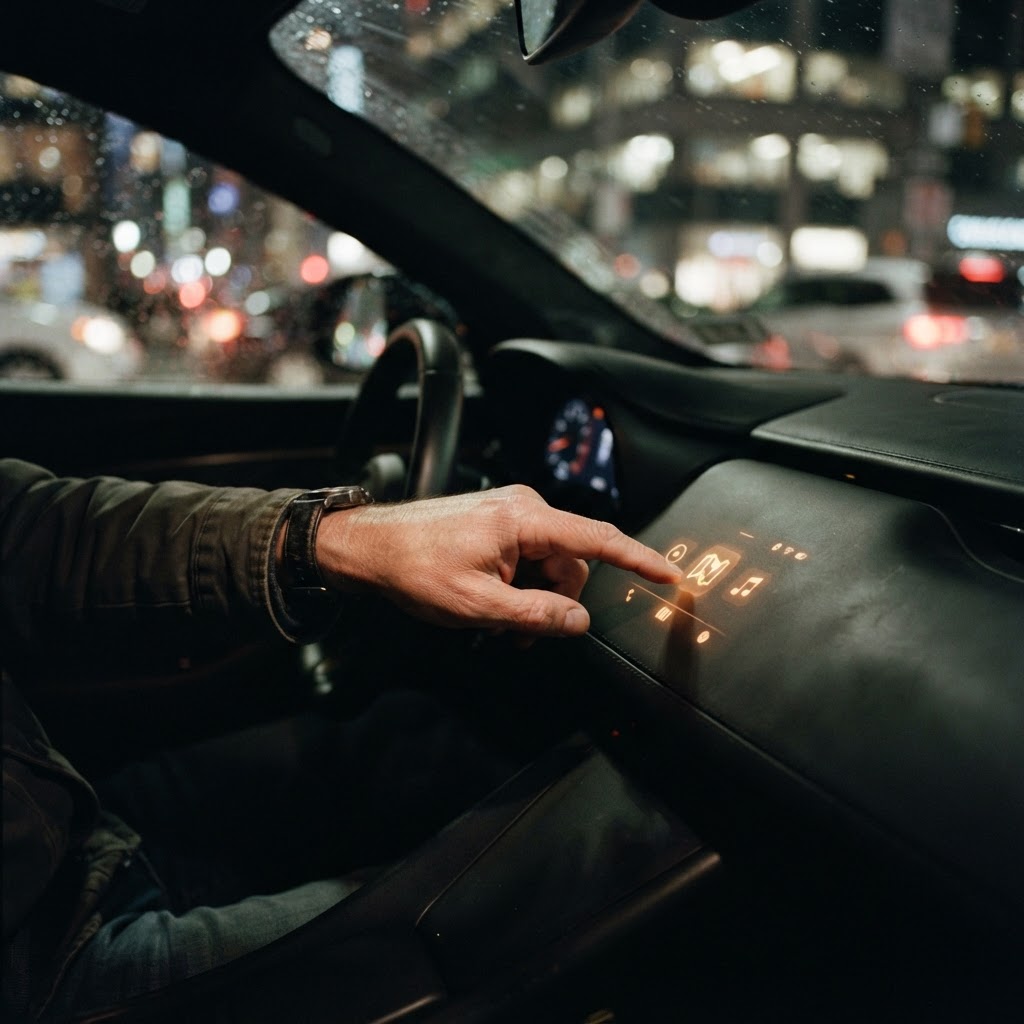Illustration of Cinematic close-up shot of a driver's hand interacting with a holographic, glowing interface projected onto a sleek matte-black dashboard, soft ambient blue light, high-tech interior, realistic skin texture, bokeh background of a city at night, 8k resolution, shot on 35mm lens. - Haptic Zones Technology