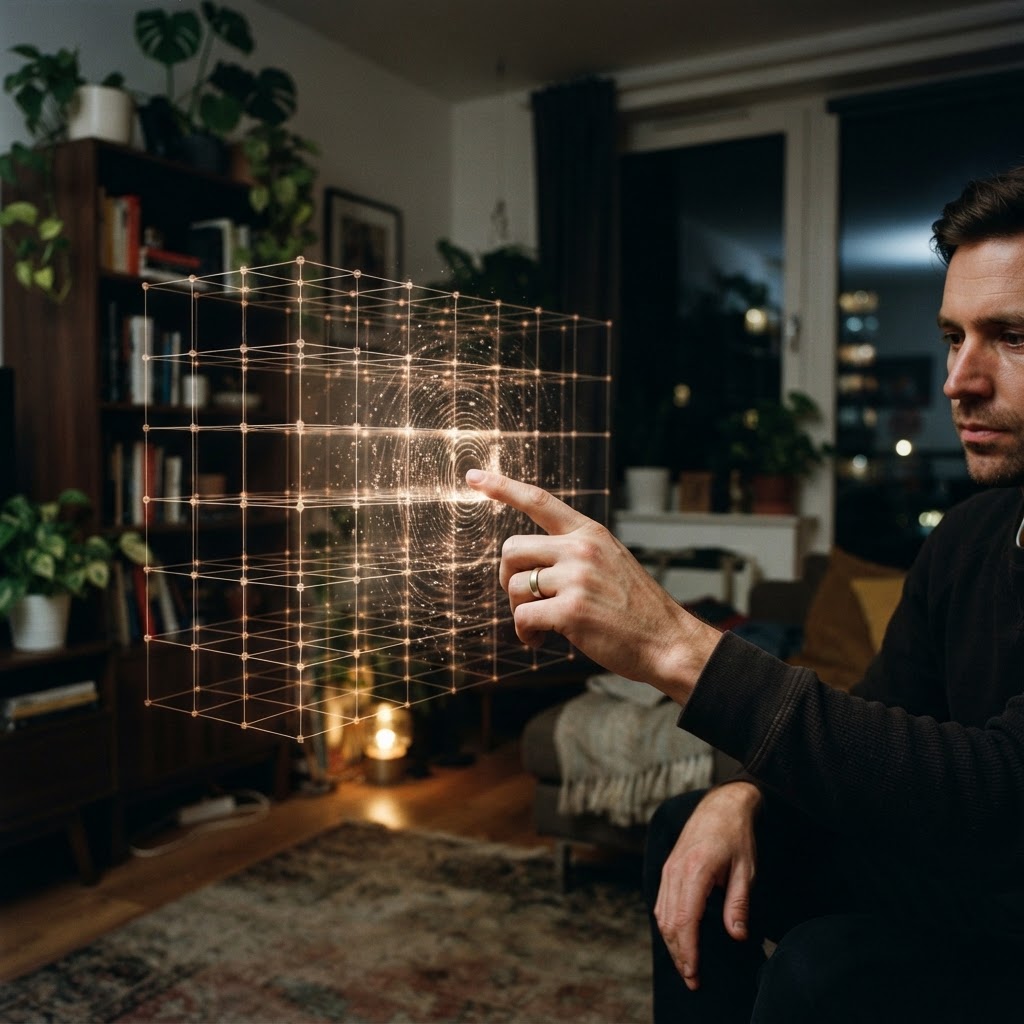 Illustration of A high resolution cinematic shot of a glowing, translucent 3D grid hovering in a dark, modern living room, representing a spatial interface architecture. A human hand is reaching into a specific illuminated zone of this grid, causing a ripple effect of haptic light particles. Photorealistic, shallow depth of field, cyberpunk aesthetic, clean lighting, 8k resolution. - Haptic Zones Technology