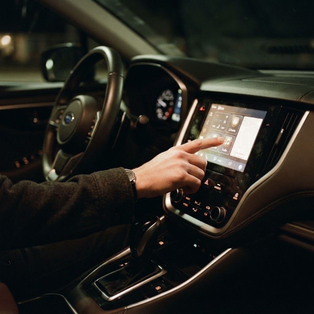 Illustration of Cinematic close-up shot of a driver's hand interacting with a modern automotive center touchscreen that glows with subtle, geometric haptic grid lines, shallow depth of field, neon blue and soft white light, futuristic interior, high-tech professional photography, 8k resolution, realistic textures. - Haptic Zones Technology