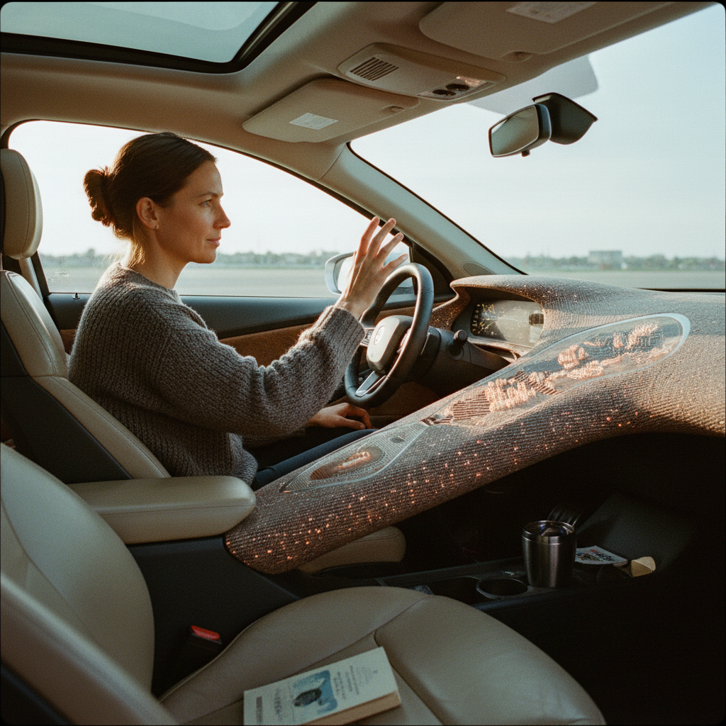 Illustration of A futuristic car interior featuring dynamic touch zones on the dashboard, interactive haptic interface, and a driver using gesture input control, emphasizing modern automotive technology. - Haptic Zones Technology