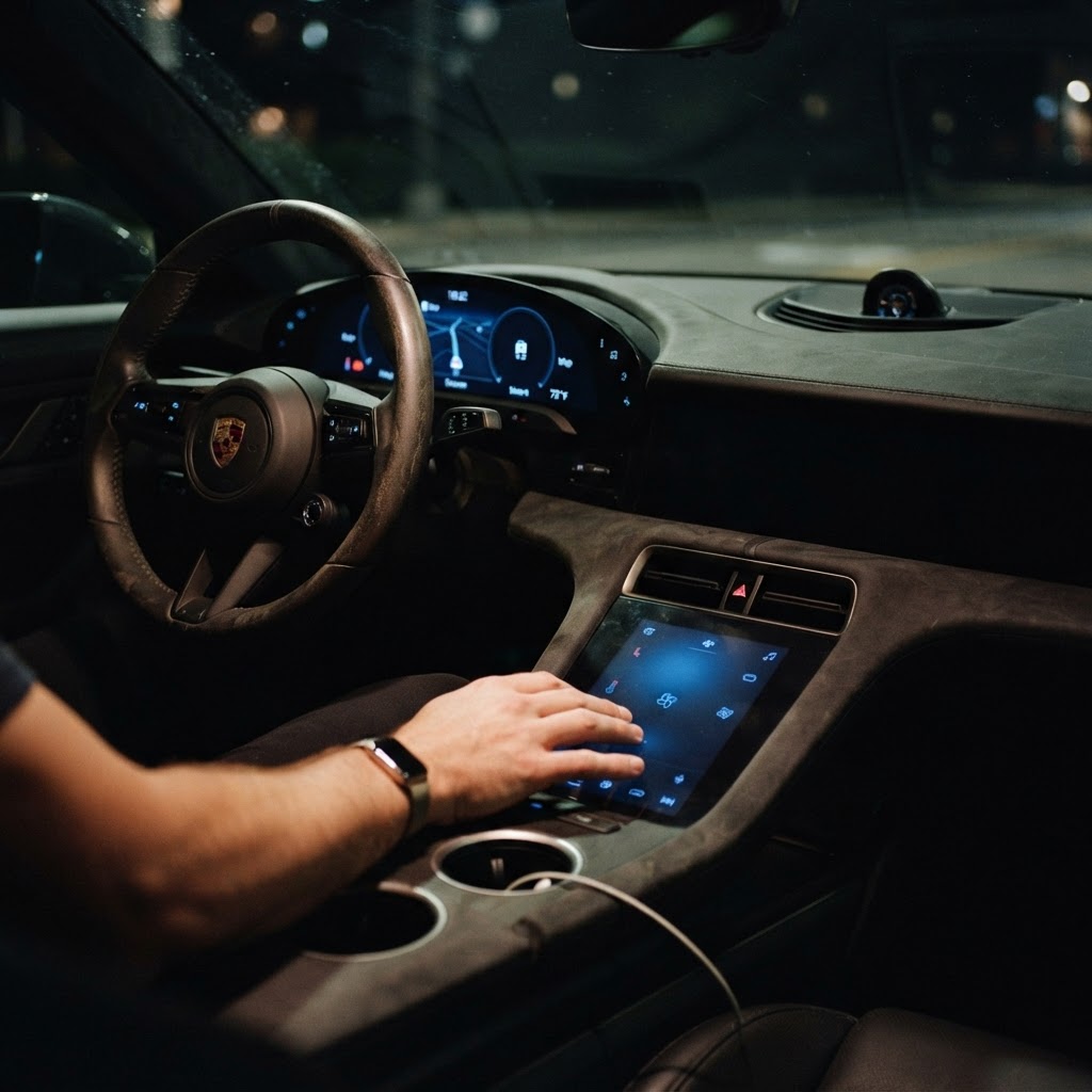 Illustration of A close-up cinematic shot of a futuristic automotive dashboard at night, glowing blue dynamic touch zones appearing on a matte dark material, soft depth of field, high-end tech aesthetic, 8k resolution, volumetric lighting. - Haptic Zones Technology