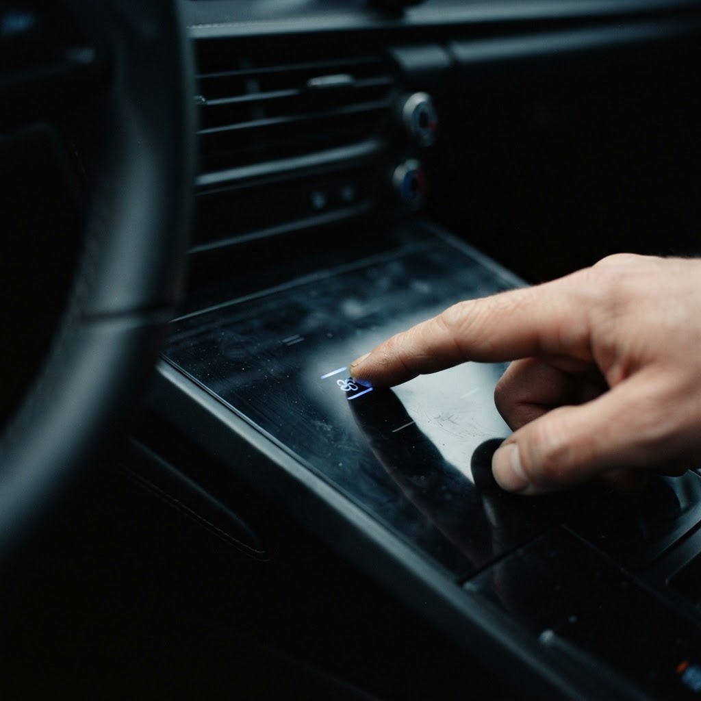 Illustration of Cinematic macro shot of a sleek glass interface in a dark automotive cockpit, blue light emanating from specific dynamic touch zones under a human fingertip, depth of field highlighting the tactile interaction, high tech aesthetic, 8k resolution, photorealistic. - Haptic Zones Technology