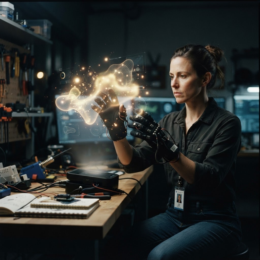 Illustration of Cinematic shot of a designer wearing advanced haptic gloves interacting with a floating, glowing holographic interface in a dark room. The UI consists of soft, pulsating light fields rather than hard rectangular buttons. High detail, photorealistic, 8k, bokeh background of a clean modern laboratory, volumetric lighting. - Haptic Zones Technology