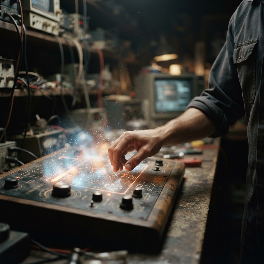 Illustration of Cinematic close-up of a human hand interacting with glowing volumetric interfaces in a dark room, hyper-realistic, soft blue and orange light particles, depth of field focused on fingertips, 8k resolution, futuristic tech aesthetic. - Haptic Zones Technology